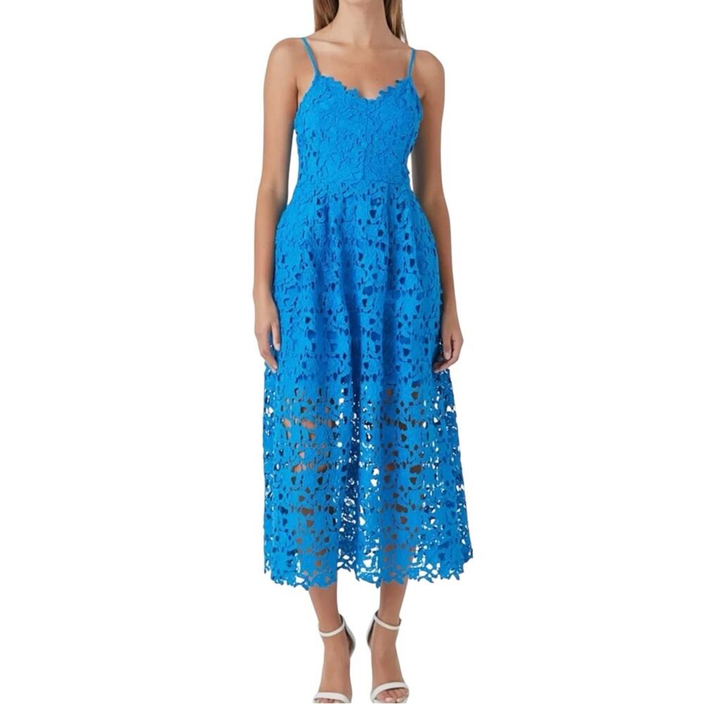 Endless Rose Lace Blue Sleeveless Cami  Midi Dress SMALL in Ocean Blue